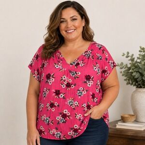 Lane‎ Bryant Pink Floral V-Neck Short Sleeve Relaxed Blouse Plus Size 26/28